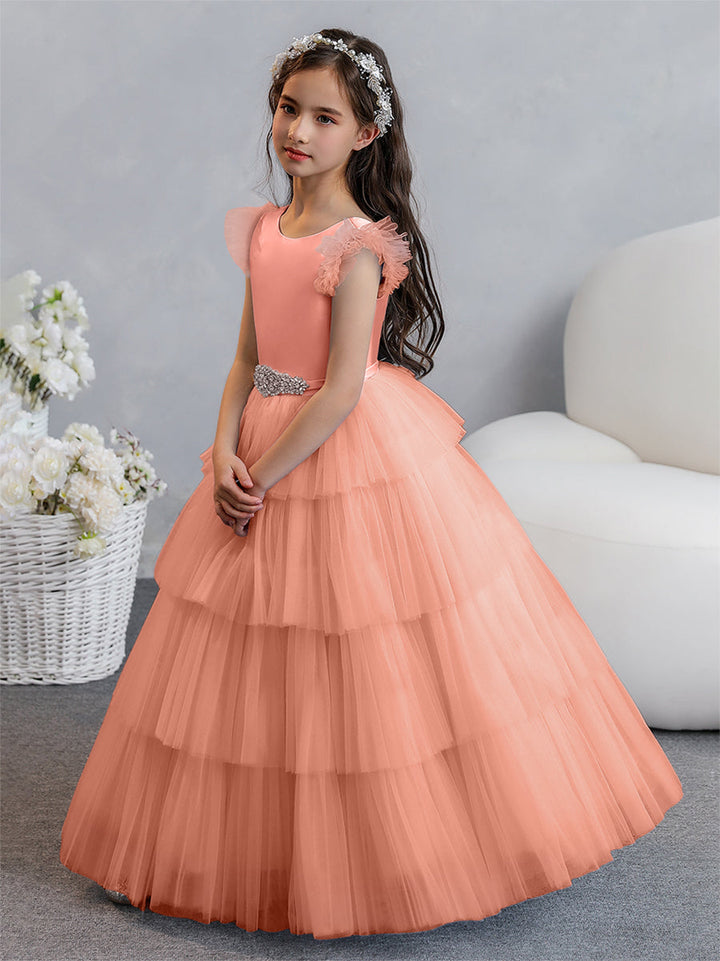 Tulle Ball Gown/Princess Flower Girl Dresses With Tiered Pleats &amp; Rhinestones