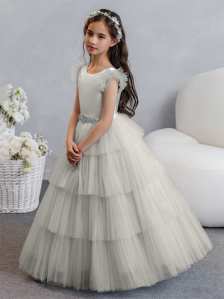Tulle Ball Gown/Princess Flower Girl Dresses With Tiered Pleats &amp; Rhinestones