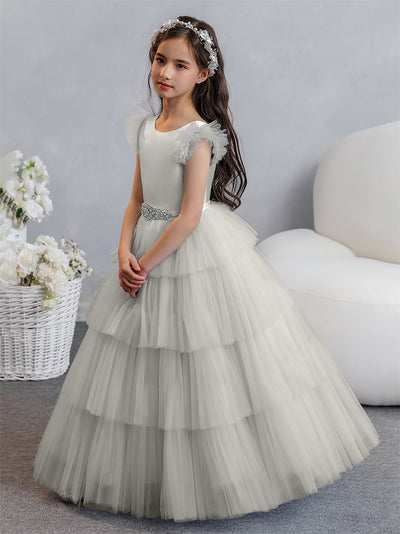 Tulle Ball Gown/Princess Flower Girl Dresses With Tiered Pleats & Rhinestones