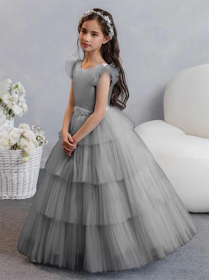 Tulle Ball Gown/Princess Flower Girl Dresses With Tiered Pleats &amp; Rhinestones