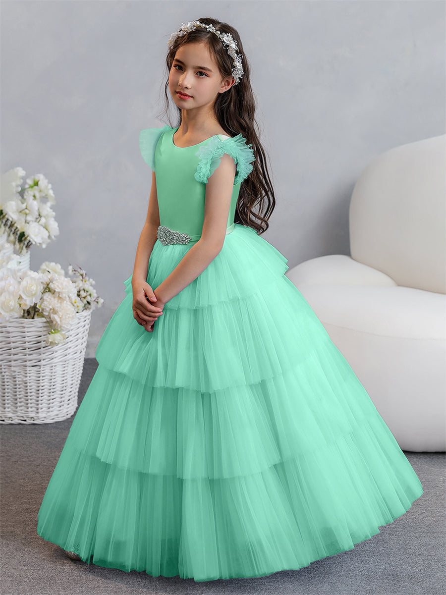 Tulle Ball Gown/Princess Flower Girl Dresses With Tiered Pleats &amp; Rhinestones