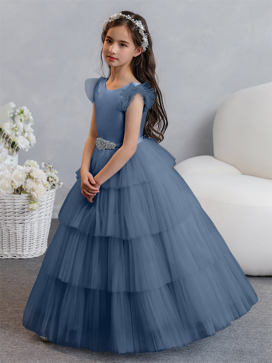 Tulle Ball Gown/Princess Flower Girl Dresses With Tiered Pleats &amp; Rhinestones