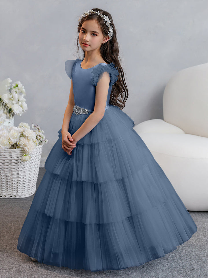 Tulle Ball Gown/Princess Flower Girl Dresses With Tiered Pleats &amp; Rhinestones