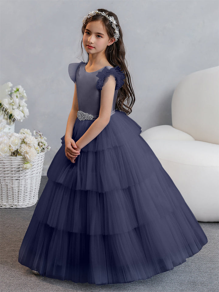 Tulle Ball Gown/Princess Flower Girl Dresses With Tiered Pleats &amp; Rhinestones