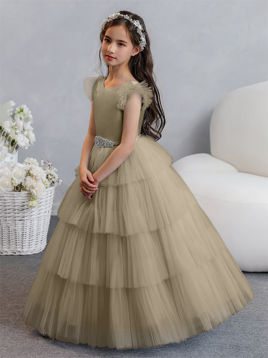 Tulle Ball Gown/Princess Flower Girl Dresses With Tiered Pleats &amp; Rhinestones