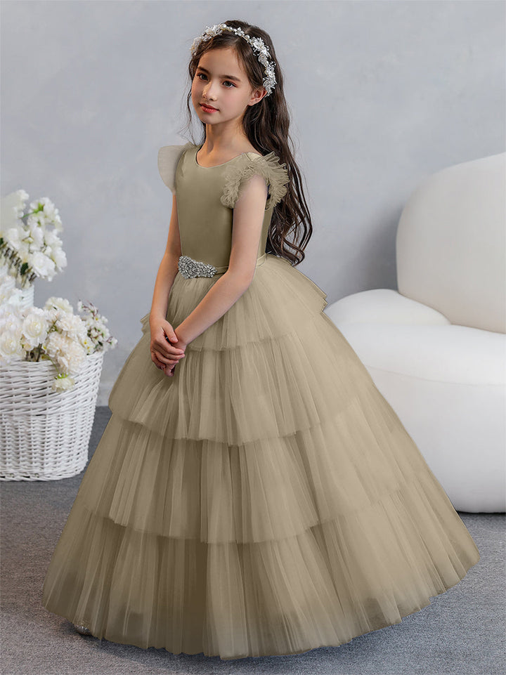 Tulle Ball Gown/Princess Flower Girl Dresses With Tiered Pleats &amp; Rhinestones