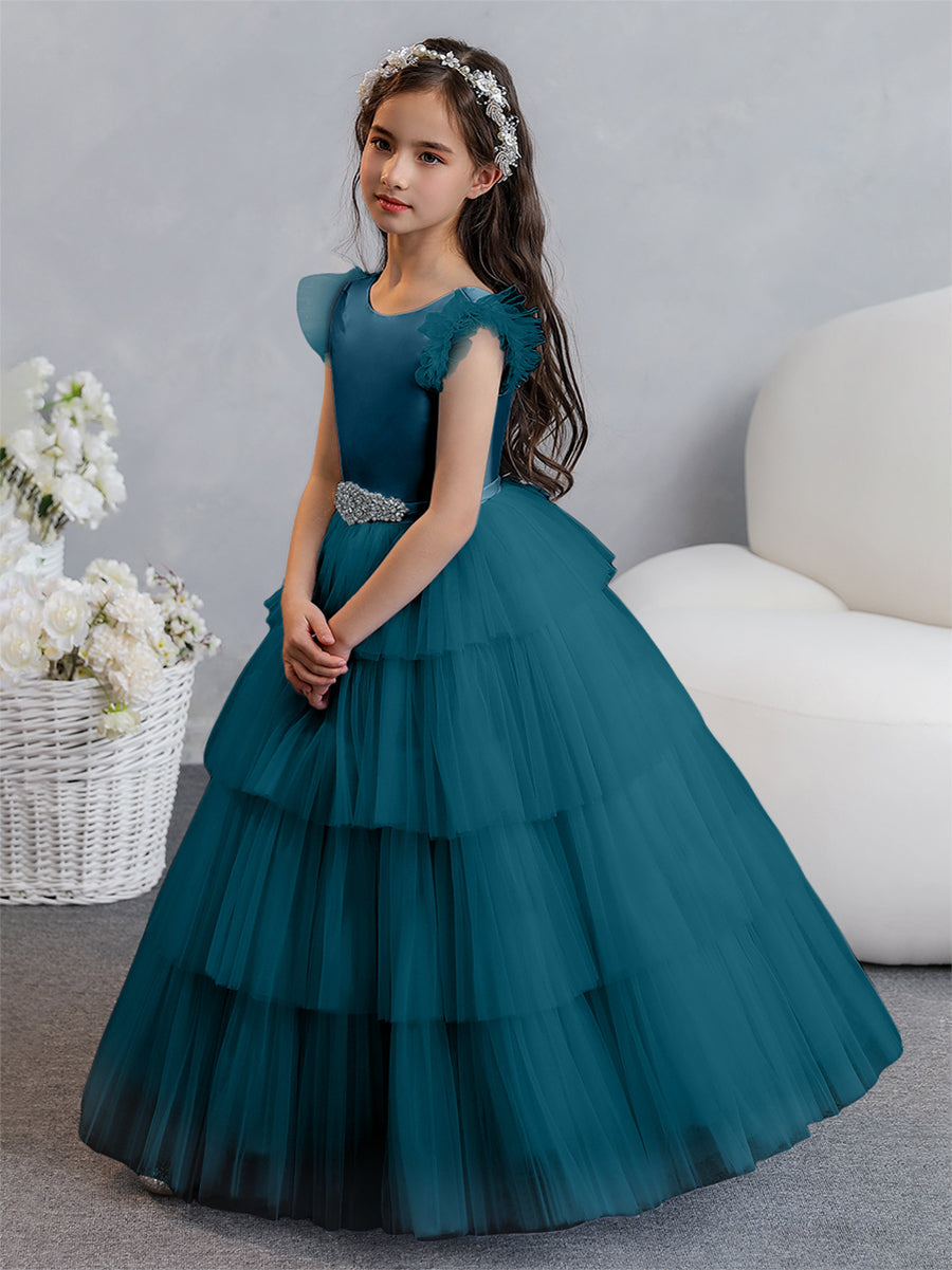 Tulle Ball Gown/Princess Flower Girl Dresses With Tiered Pleats &amp; Rhinestones