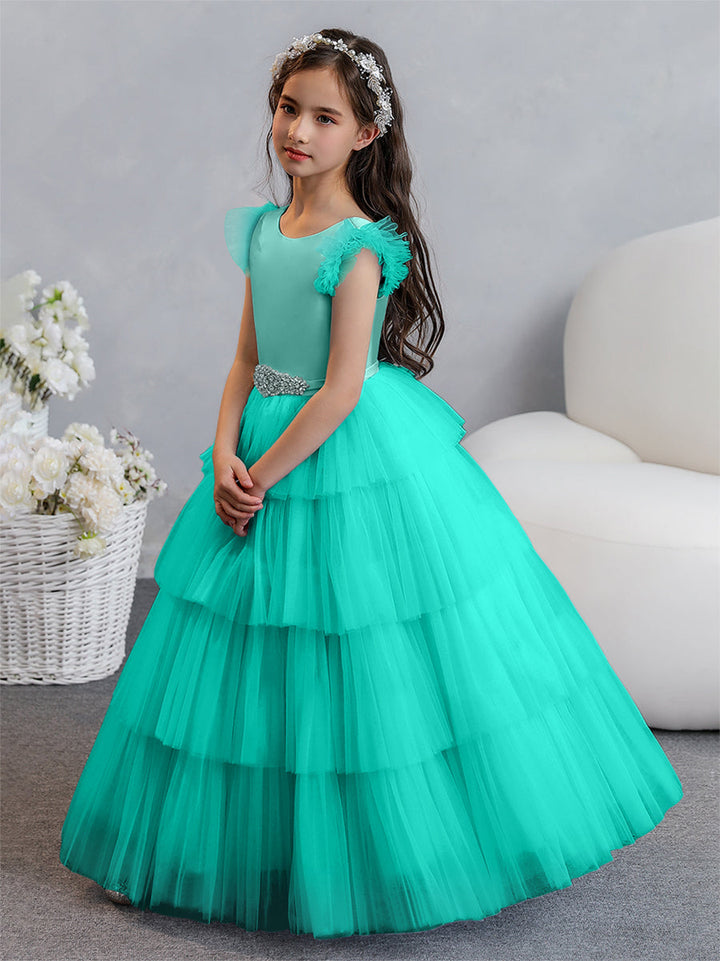 Tulle Ball Gown/Princess Flower Girl Dresses With Tiered Pleats &amp; Rhinestones