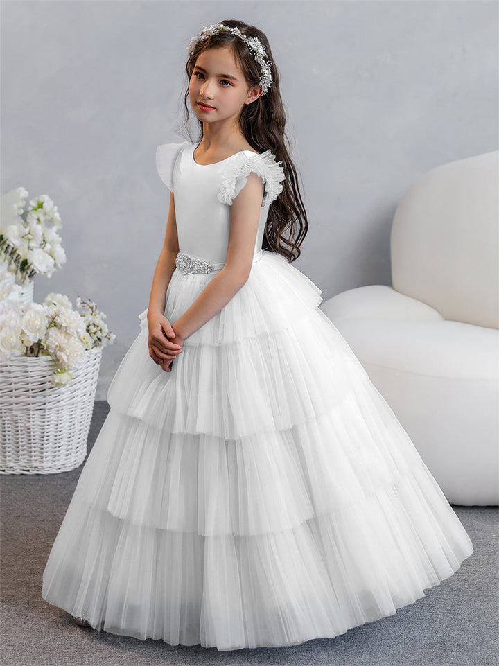 Tulle Ball Gown/Princess Flower Girl Dresses With Tiered Pleats &amp; Rhinestones
