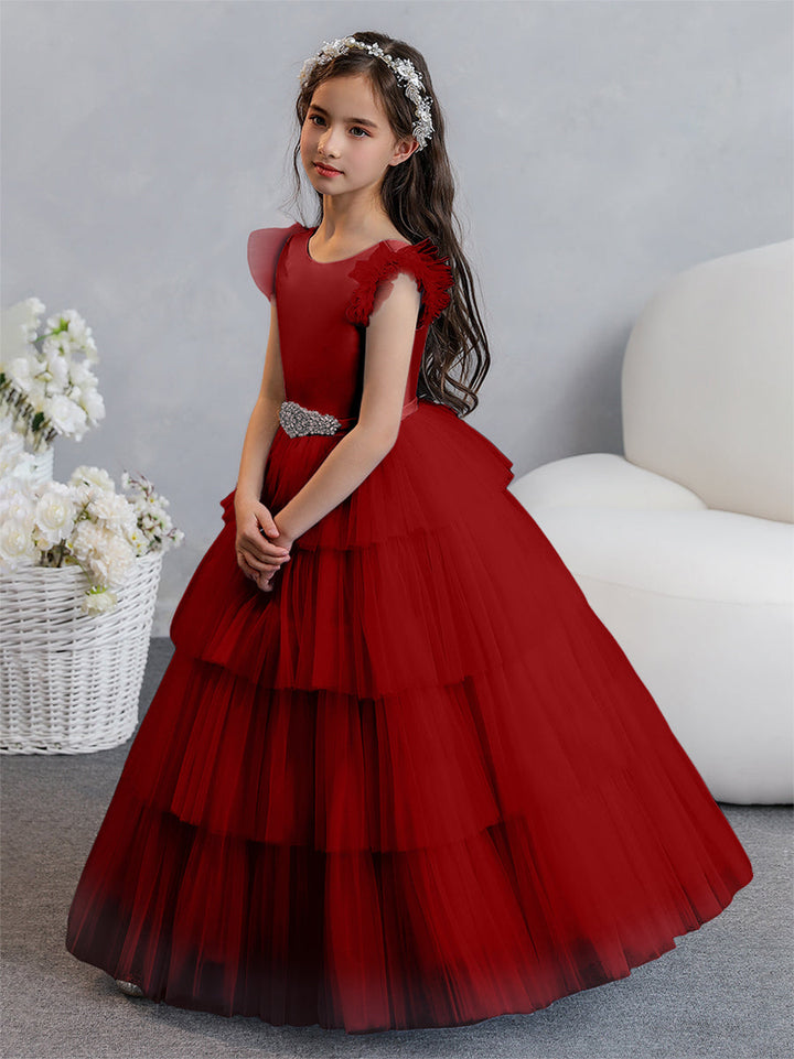 Tulle Ball Gown/Princess Flower Girl Dresses With Tiered Pleats &amp; Rhinestones