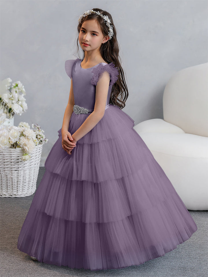 Tulle Ball Gown/Princess Flower Girl Dresses With Tiered Pleats &amp; Rhinestones