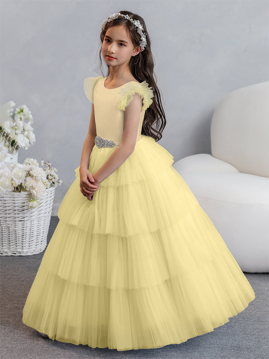 Tulle Ball Gown/Princess Flower Girl Dresses With Tiered Pleats &amp; Rhinestones