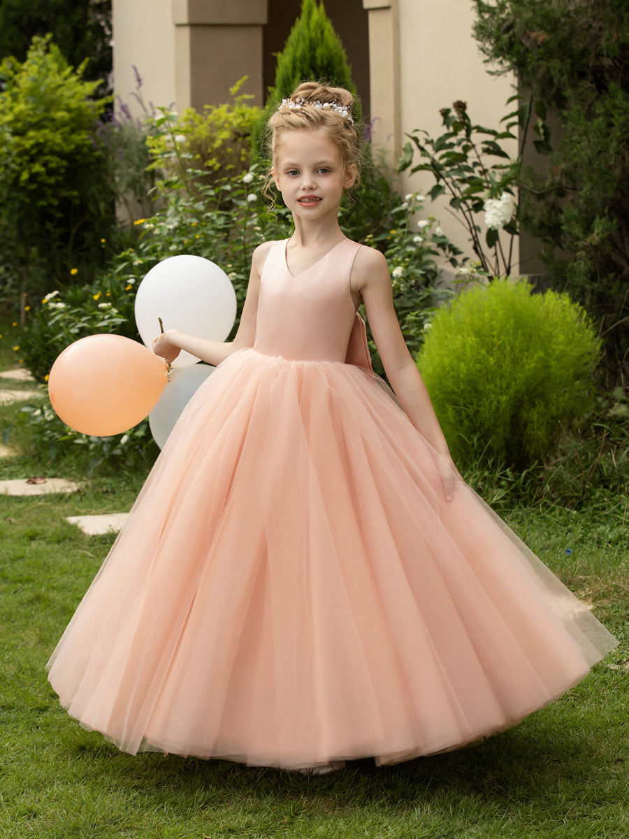 V-Neck Sleeveless Tulle Flower Girl Dresses with Satin Bowknot