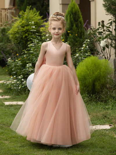 V-Neck Sleeveless Tulle Flower Girl Dresses with Satin Bowknot