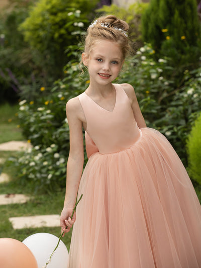 V-Neck Sleeveless Tulle Flower Girl Dresses with Satin Bowknot