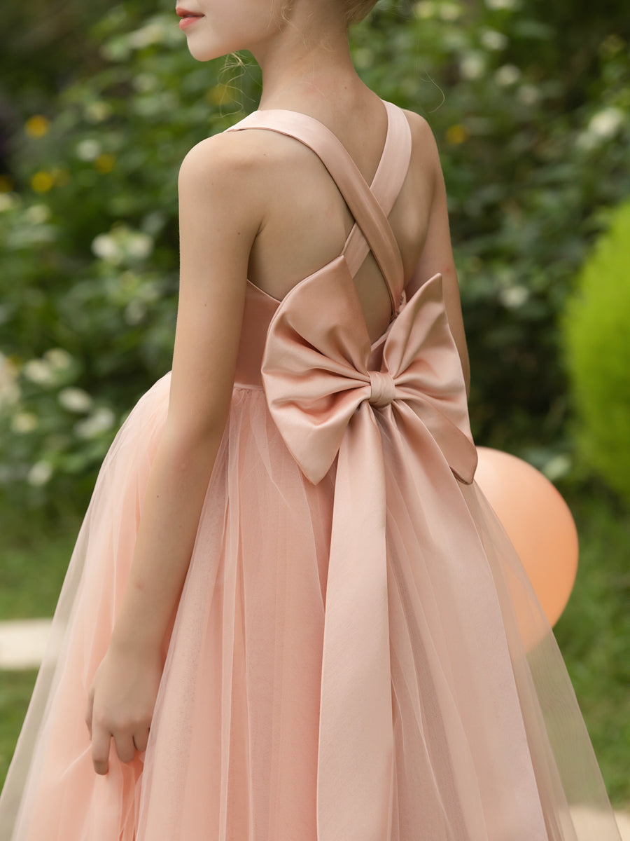 V-Neck Sleeveless Tulle Flower Girl Dresses with Satin Bowknot