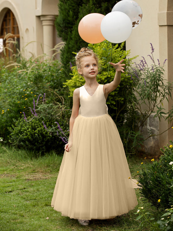 champagne color flower girl dress V Neck Ivory Satin Champagne Tulle Wedding Flower Girl Dress, Beaded Belt 7T / Champagne