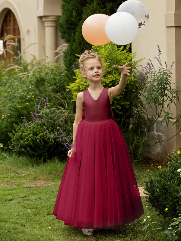 V-Neck Sleeveless Tulle Flower Girl Dresses with Satin Bowknot