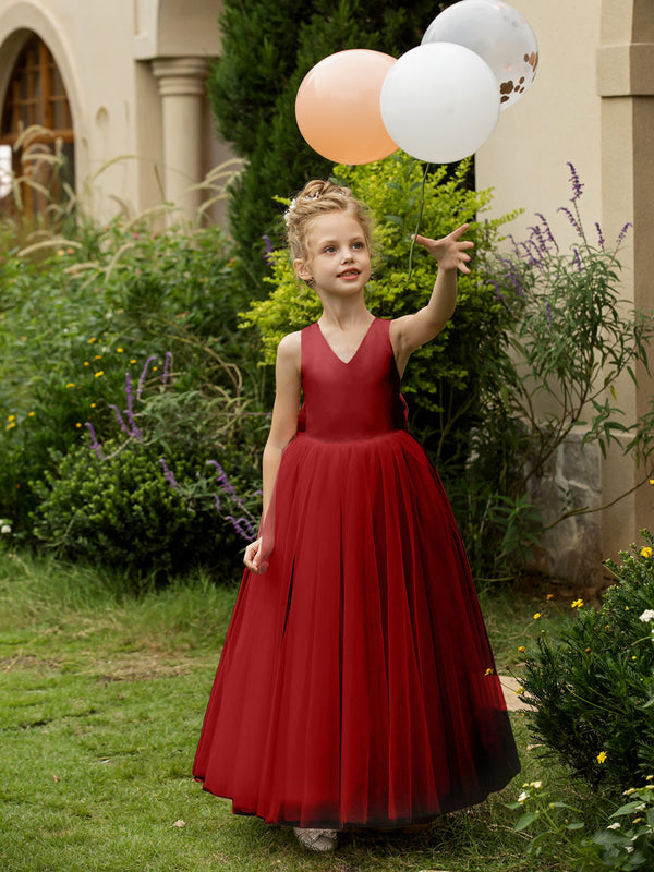 V-Neck Sleeveless Tulle Flower Girl Dresses with Satin Bowknot