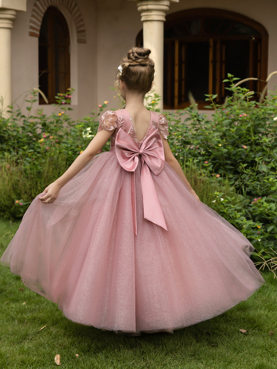 Crew Neck Tulle Flower Girl Dresses with Applique &amp; Satin Bowknot
