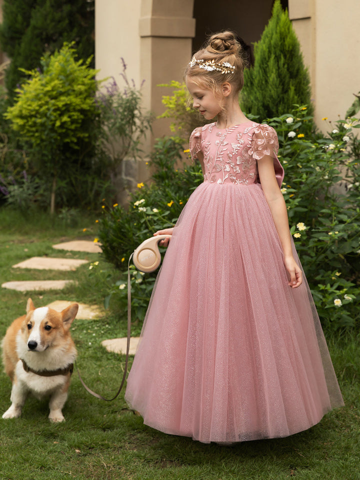 Crew Neck Tulle Flower Girl Dresses with Applique &amp; Satin Bowknot