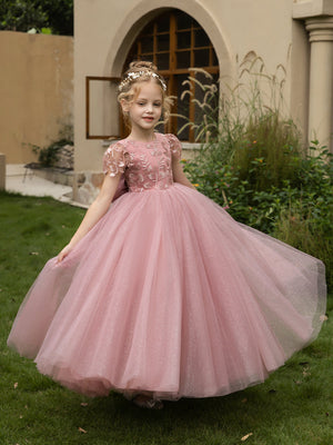 Crew Neck Tulle Flower Girl Dresses with Applique & Satin Bowknot