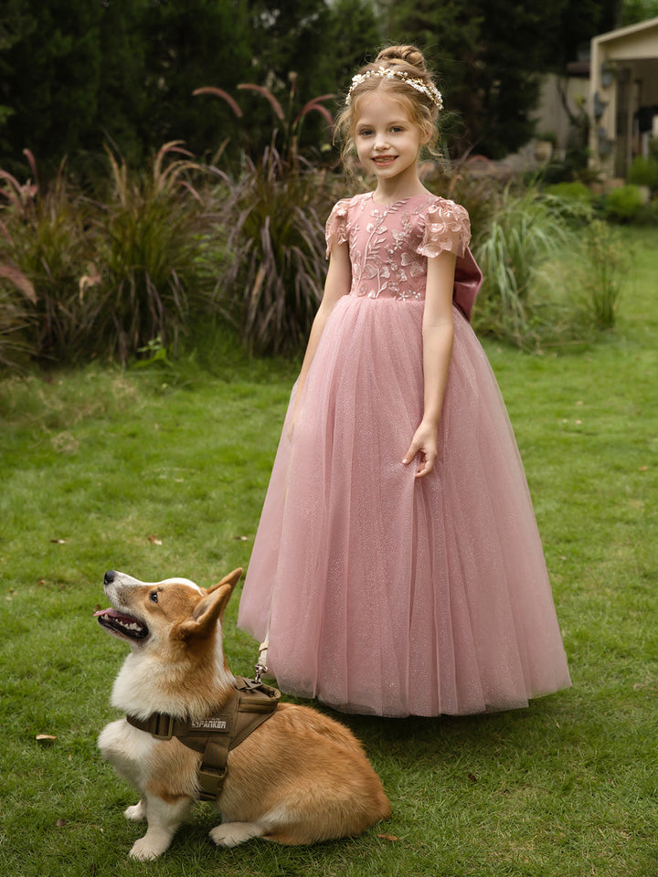 Crew Neck Tulle Flower Girl Dresses with Applique &amp; Satin Bowknot