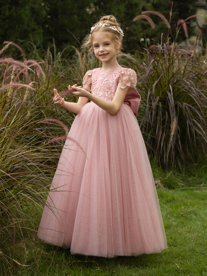 Crew Neck Tulle Flower Girl Dresses with Applique &amp; Satin Bowknot