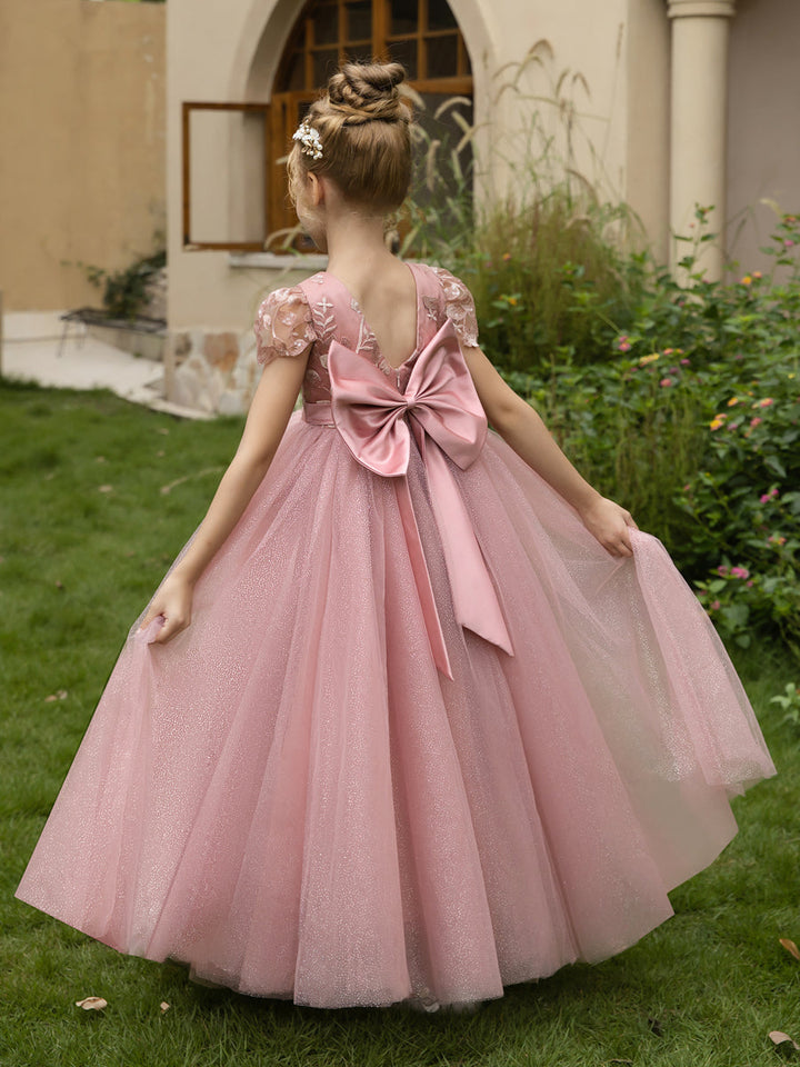 Crew Neck Tulle Flower Girl Dresses with Applique &amp; Satin Bowknot