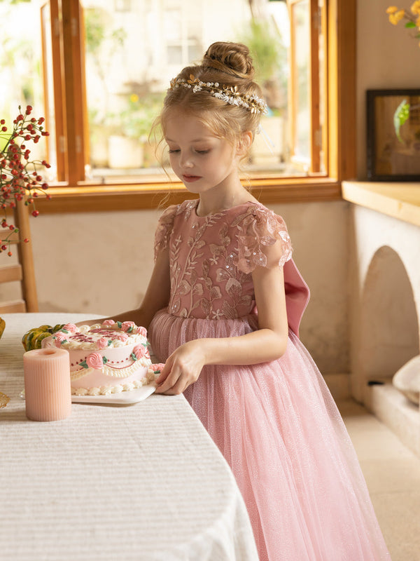 Crew Neck Tulle Flower Girl Dresses with Applique & Satin Bowknot