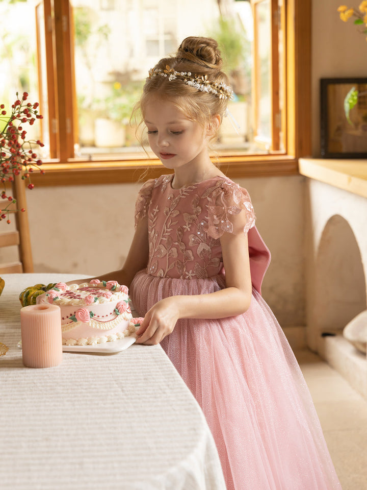 Crew Neck Tulle Flower Girl Dresses with Applique &amp; Satin Bowknot