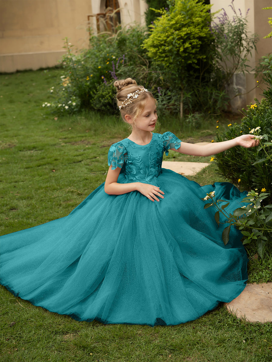 Crew Neck Tulle Flower Girl Dresses with Applique &amp; Satin Bowknot