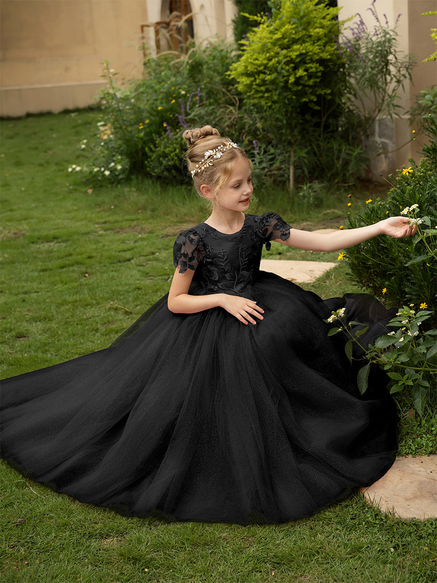 Crew Neck Tulle Flower Girl Dresses with Applique &amp; Satin Bowknot