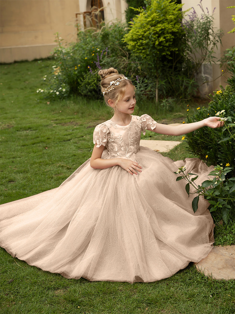 Crew Neck Tulle Flower Girl Dresses with Applique &amp; Satin Bowknot