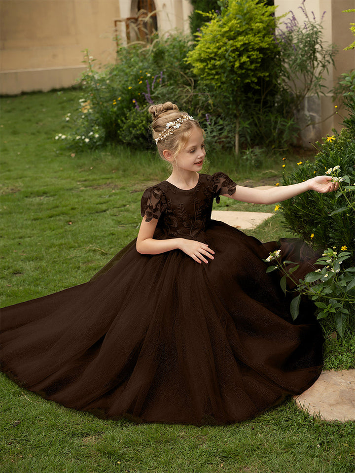 Crew Neck Tulle Flower Girl Dresses with Applique &amp; Satin Bowknot