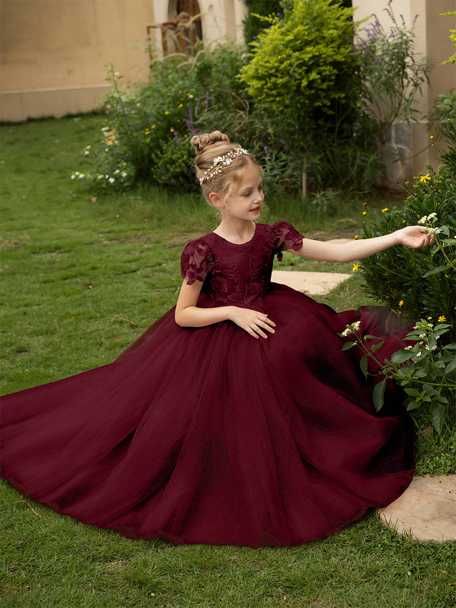 Crew Neck Tulle Flower Girl Dresses with Applique &amp; Satin Bowknot