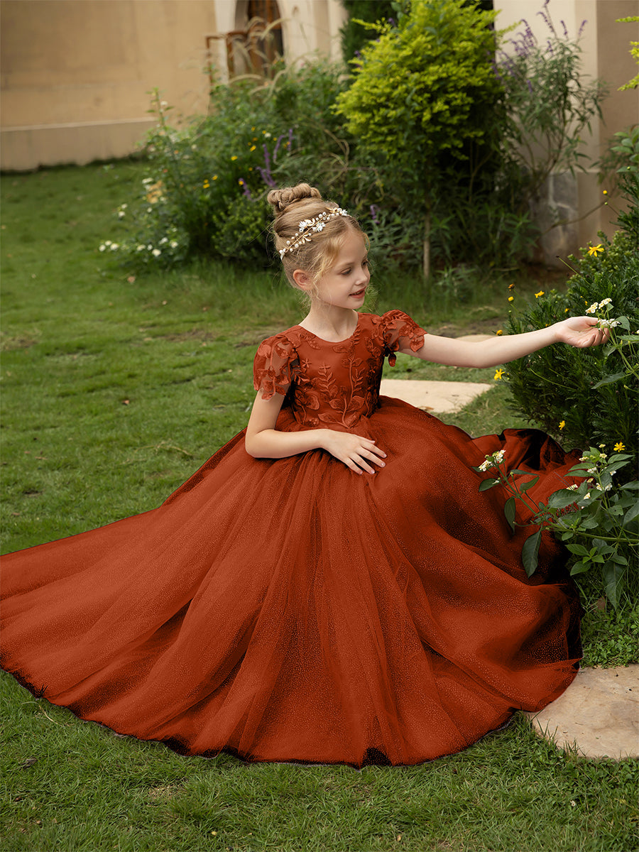 Crew Neck Tulle Flower Girl Dresses with Applique &amp; Satin Bowknot