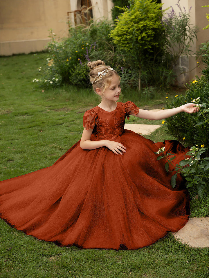 Crew Neck Tulle Flower Girl Dresses with Applique &amp; Satin Bowknot