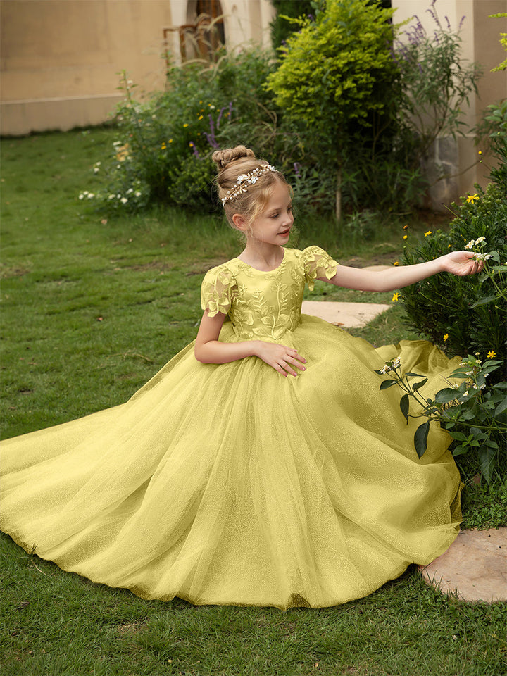 Crew Neck Tulle Flower Girl Dresses with Applique &amp; Satin Bowknot