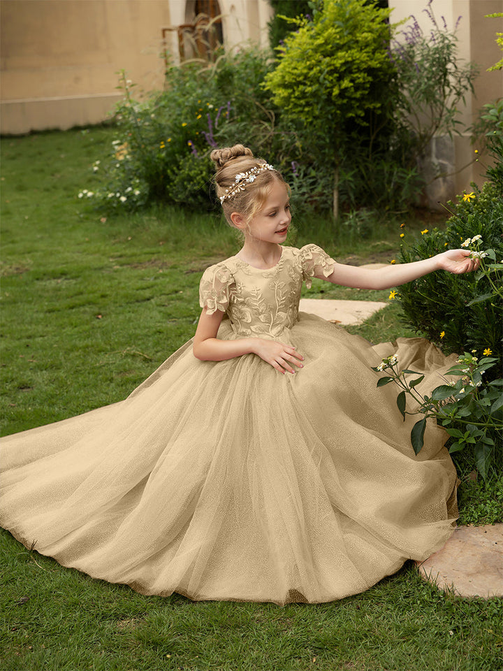 Crew Neck Tulle Flower Girl Dresses with Applique &amp; Satin Bowknot