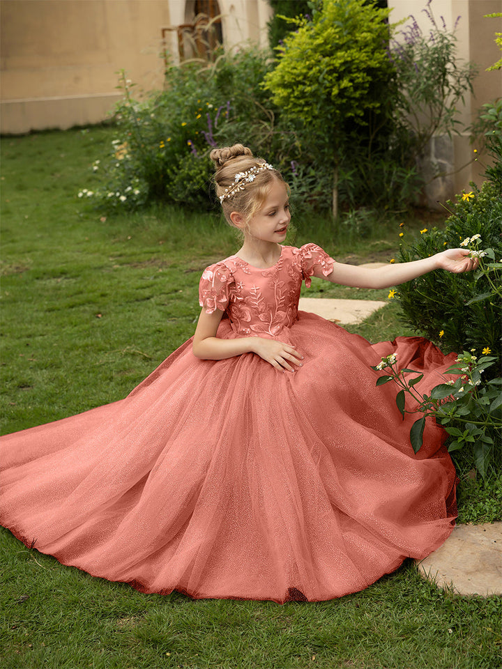 Crew Neck Tulle Flower Girl Dresses with Applique &amp; Satin Bowknot