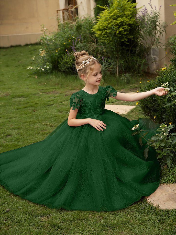 Crew Neck Tulle Flower Girl Dresses with Applique &amp; Satin Bowknot
