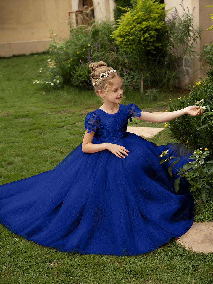 Crew Neck Tulle Flower Girl Dresses with Applique &amp; Satin Bowknot