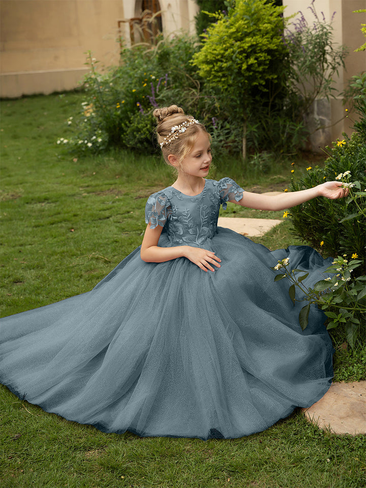 Crew Neck Tulle Flower Girl Dresses with Applique &amp; Satin Bowknot