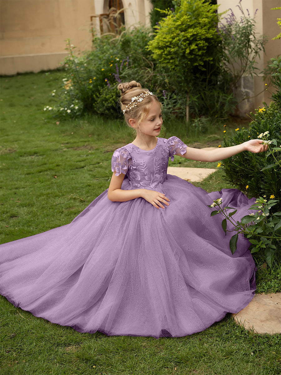Crew Neck Tulle Flower Girl Dresses with Applique &amp; Satin Bowknot