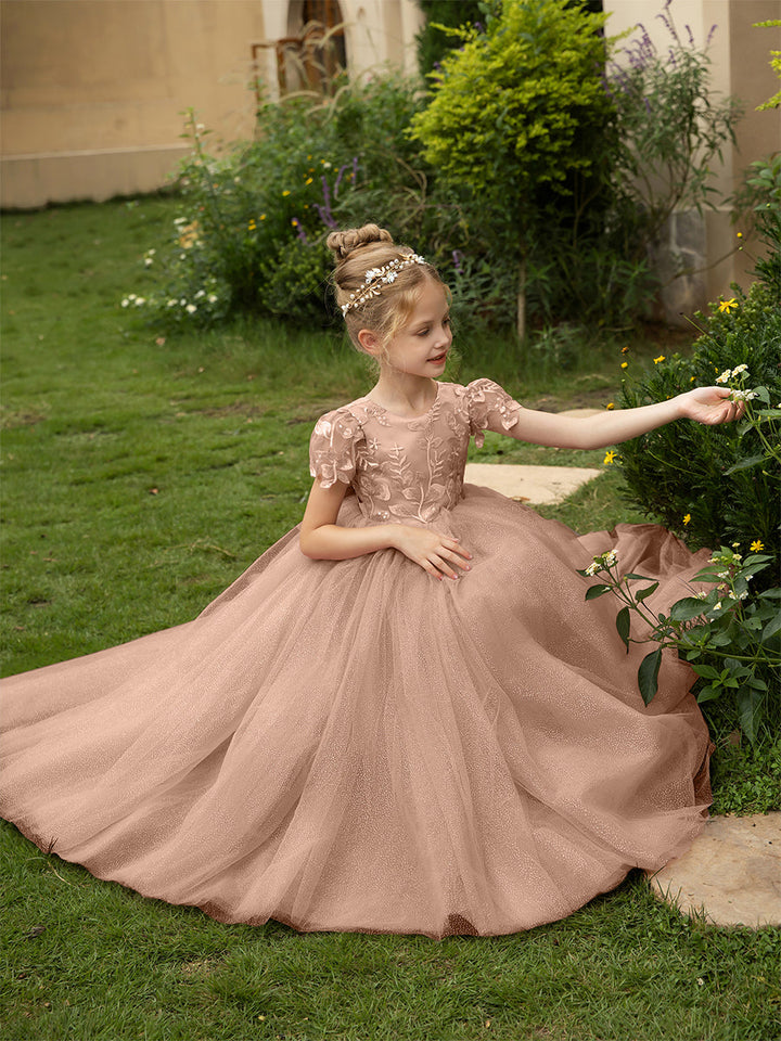 Crew Neck Tulle Flower Girl Dresses with Applique &amp; Satin Bowknot