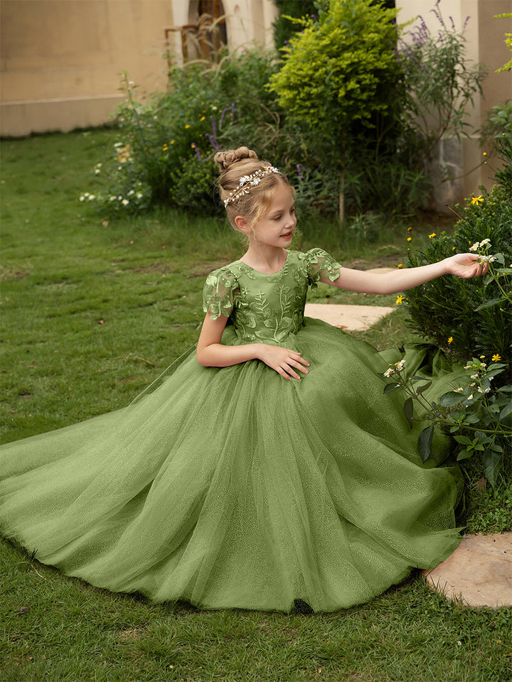 Crew Neck Tulle Flower Girl Dresses with Applique &amp; Satin Bowknot