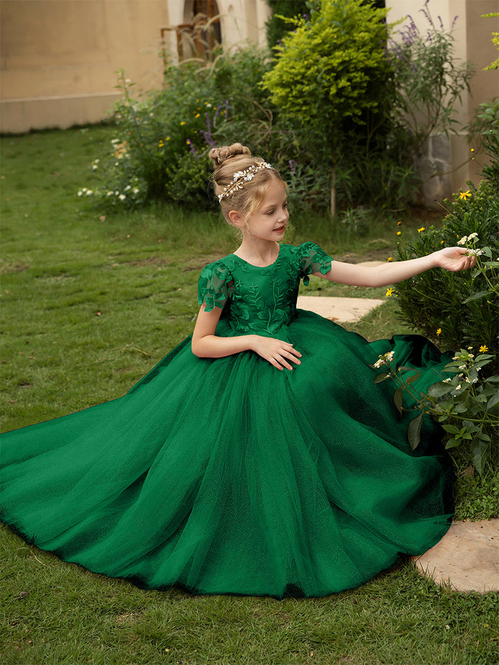Crew Neck Tulle Flower Girl Dresses with Applique &amp; Satin Bowknot