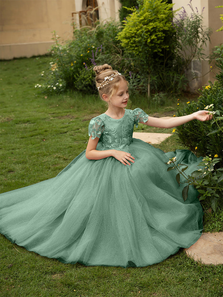 Crew Neck Tulle Flower Girl Dresses with Applique &amp; Satin Bowknot