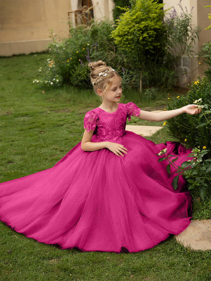 Crew Neck Tulle Flower Girl Dresses with Applique &amp; Satin Bowknot